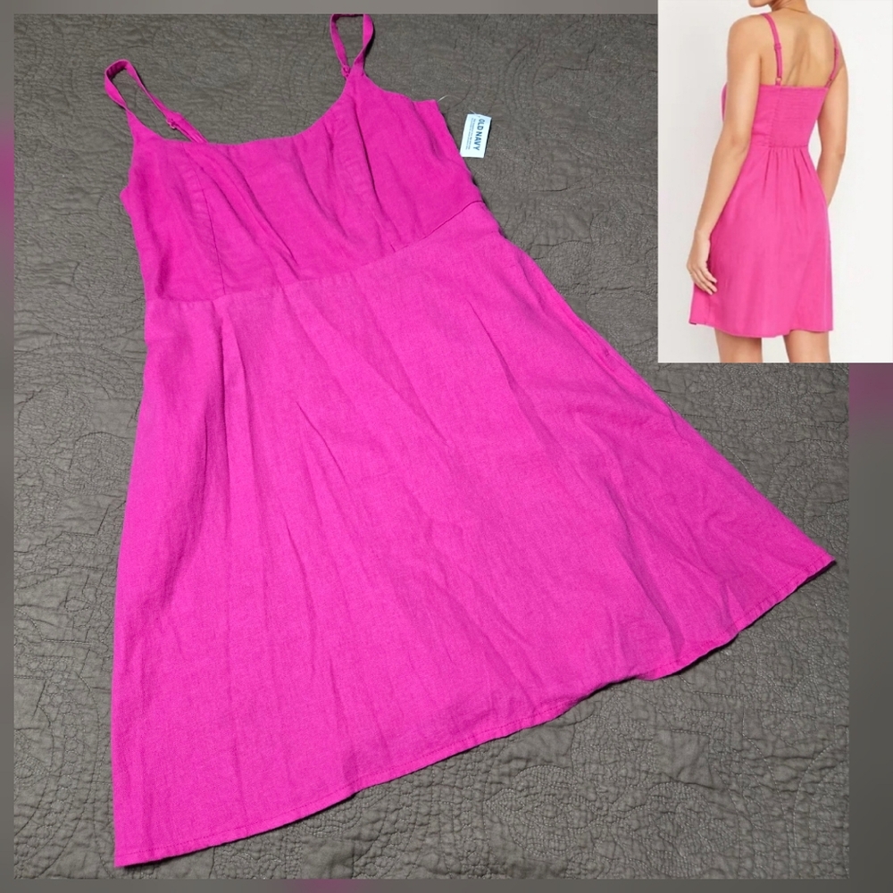 Old Navy Smocked Linen Blend Dress Pink Casual Sundress woth Pockets, M